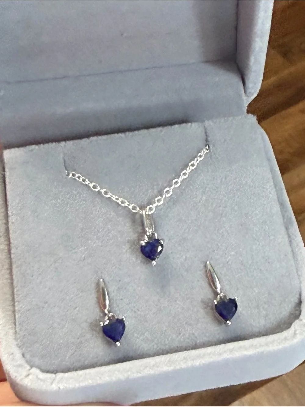 Set!  Natural Blue Sapphire 6mm Heart Earrings & Pendant Necklace 925 Sterling